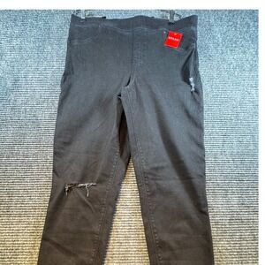 SPANX Black Distressed Denim Jeans Leggings Womens Size XL Ripped Raw Hem‎